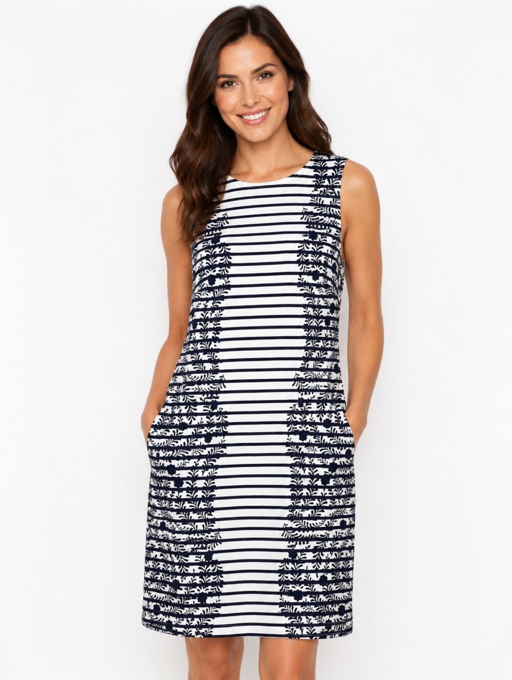 Boden Sleeveless Navy & White Striped Floral Dress Size 10R